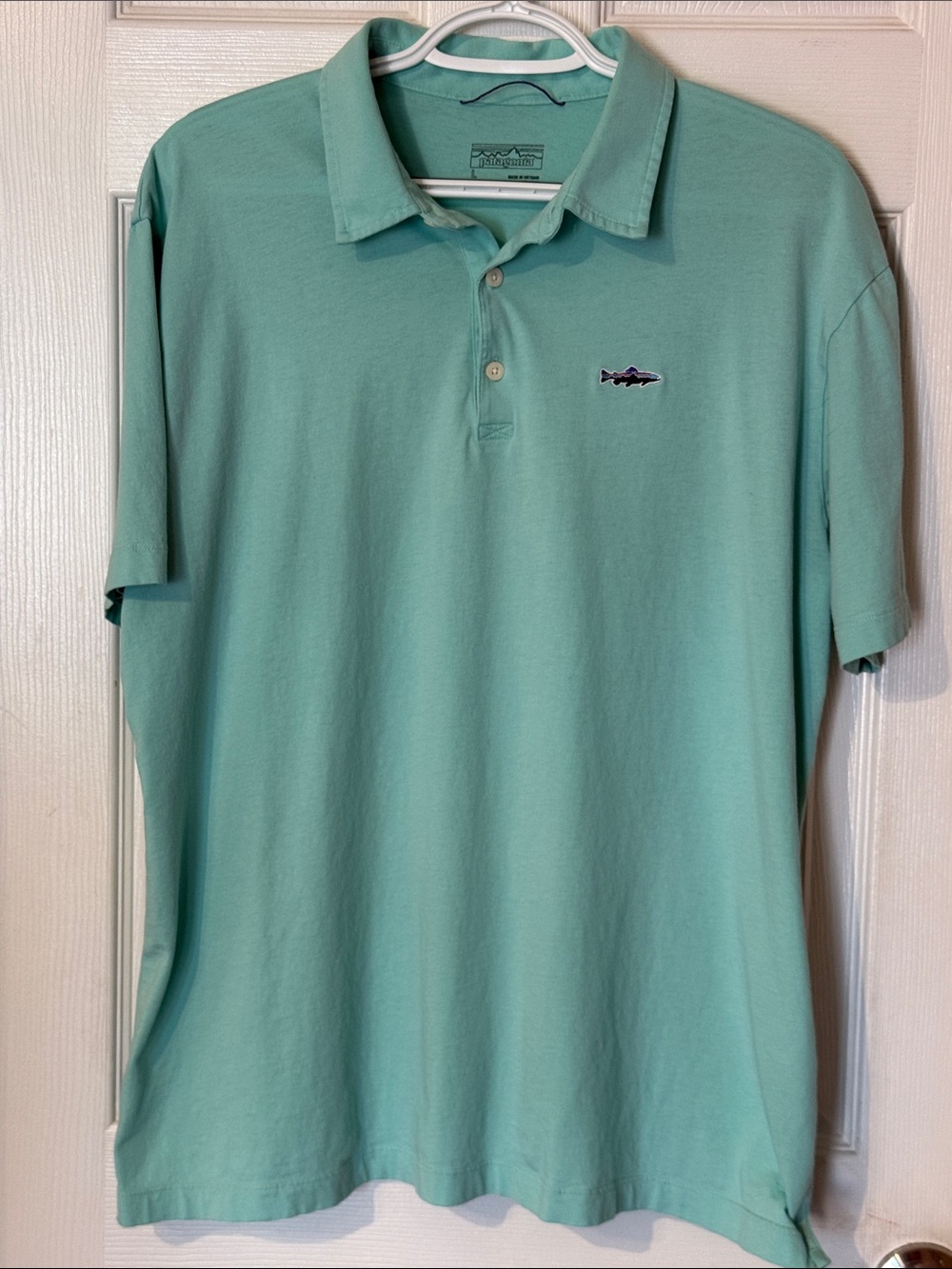 Patagonia Polo Mens Large Fitz Roy Trout Logo Organic Cotton Short Sleeve